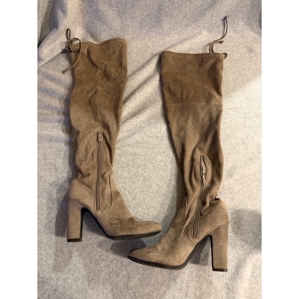 GUESS Over The Knee Boots Womens Taupe Brown Faux Suede Block Heel Thigh High